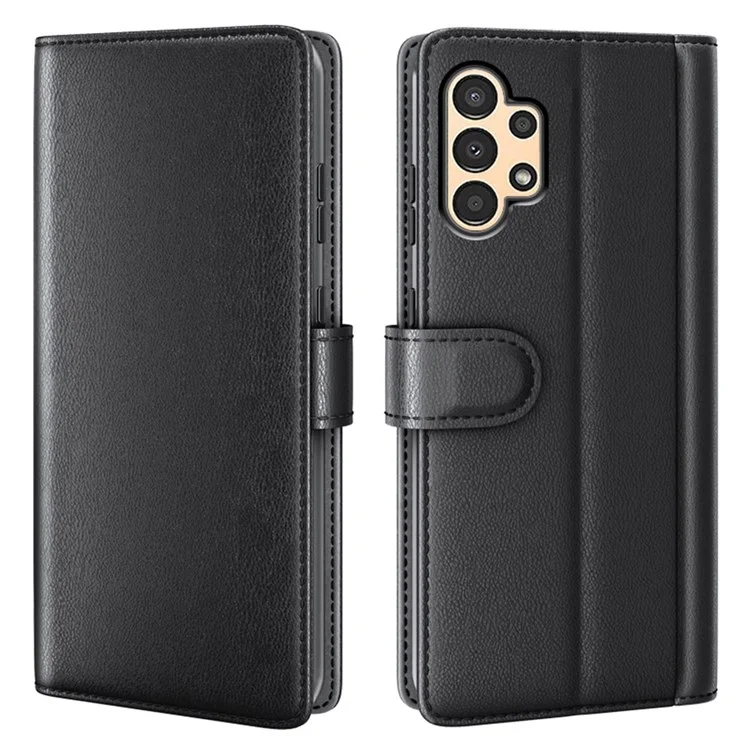 Para Samsung Galaxy A13 4G Piel Dividida Genuina Piel de Bolsillo Flip Phone Case con Billetera Soporte - Negro