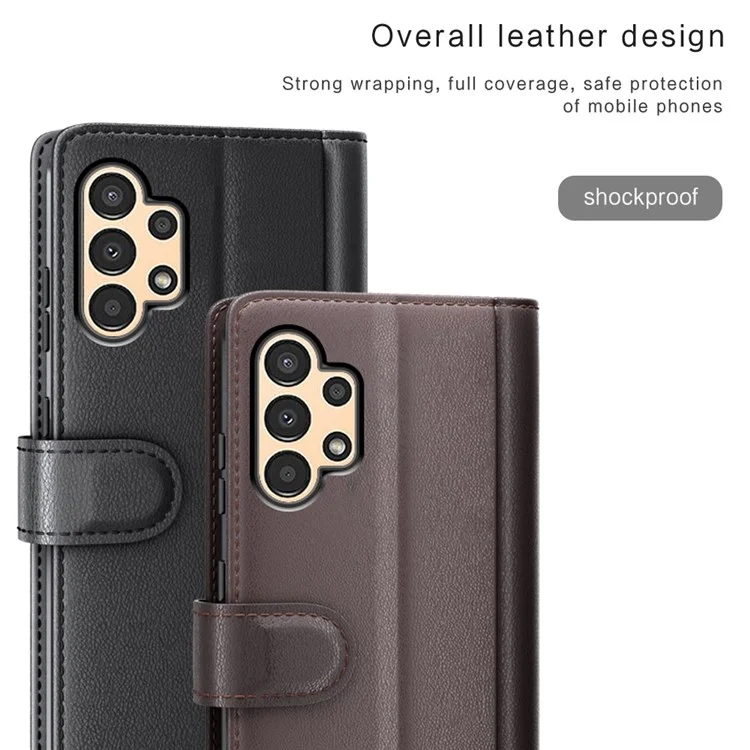 Para Samsung Galaxy A13 4G Piel Dividida Genuina Piel de Bolsillo Flip Phone Case con Billetera Soporte - Negro