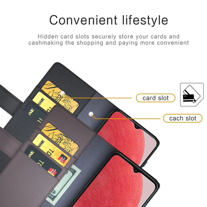 För Samsung Galaxy A13 4G Split Skinn Ekt Skinn Folio Flip Mobilskal med Plånbokställ - Brun