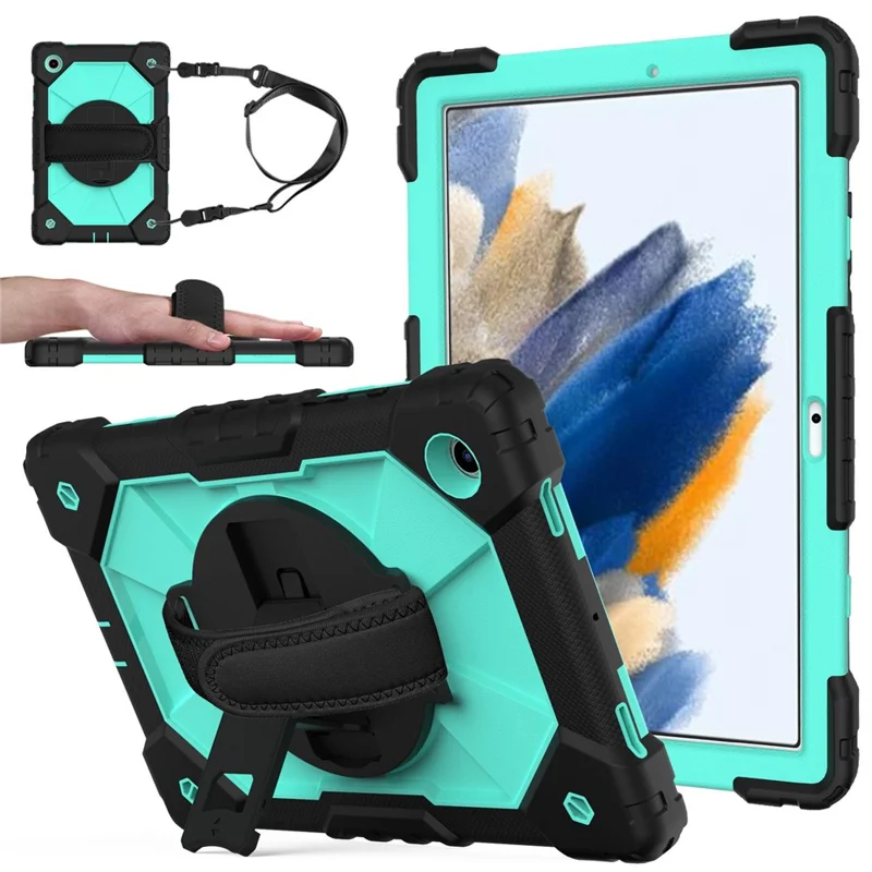 Robot Série C2 para Samsung Galaxy Tab A8 10,5 (2021) / (2022) Capa de Tablet à Prova de Quedas com Contraste de Cor em PC + Silicone com Alça de Mão e Suporte Basculante - Preto / Verde Menta