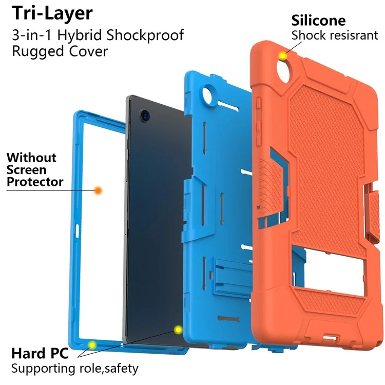 Robot B3 Series for Samsung Galaxy Tab A8 10.5 (2021) / (2022) Contrast Color PC + Silicone Tablet Shockproof Cover Kickstand Design Protective Case - Orange / Blue