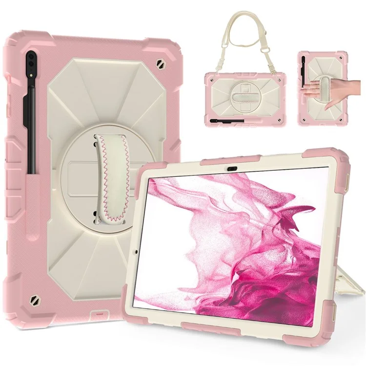 Für Samsung Galaxy Tab S8+ Wi-Fi SM-X800/S8+ 5G SM-X806 (2022) Pc+ Silicon Contrast Color Kickstand Design Tablet Hülle Mit Schultergurt - Roségold/beige