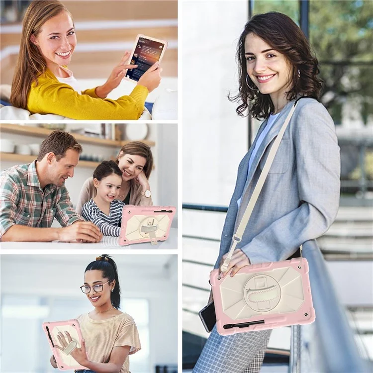 Für Samsung Galaxy Tab S8+ Wi-Fi SM-X800/S8+ 5G SM-X806 (2022) Pc+ Silicon Contrast Color Kickstand Design Tablet Hülle Mit Schultergurt - Roségold/beige