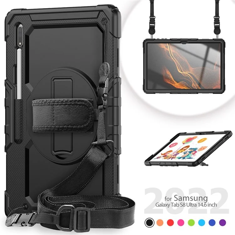 For Samsung Galaxy Tab S8 Ultra Wi-Fi SM-X900/5G SM-X906B/SM-X906U/SM-X906N 14.6-inch (2022) PC + Silicone + PET Screen Protector Swivel Kickstand Tablet Case with Shoulder Strap - All Black