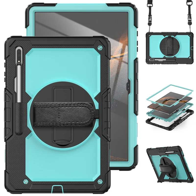 For Samsung Galaxy Tab S8 Ultra Wi-Fi SM-X900/5G SM-X906B/SM-X906U/SM-X906N 14.6-inch (2022) PC + Silicone + PET Screen Protector Swivel Kickstand Tablet Case with Shoulder Strap - Baby Blue/Black
