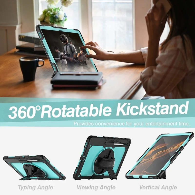 For Samsung Galaxy Tab S8 Ultra Wi-Fi SM-X900/5G SM-X906B/SM-X906U/SM-X906N 14.6-inch (2022) PC + Silicone + PET Screen Protector Swivel Kickstand Tablet Case with Shoulder Strap - Baby Blue/Black