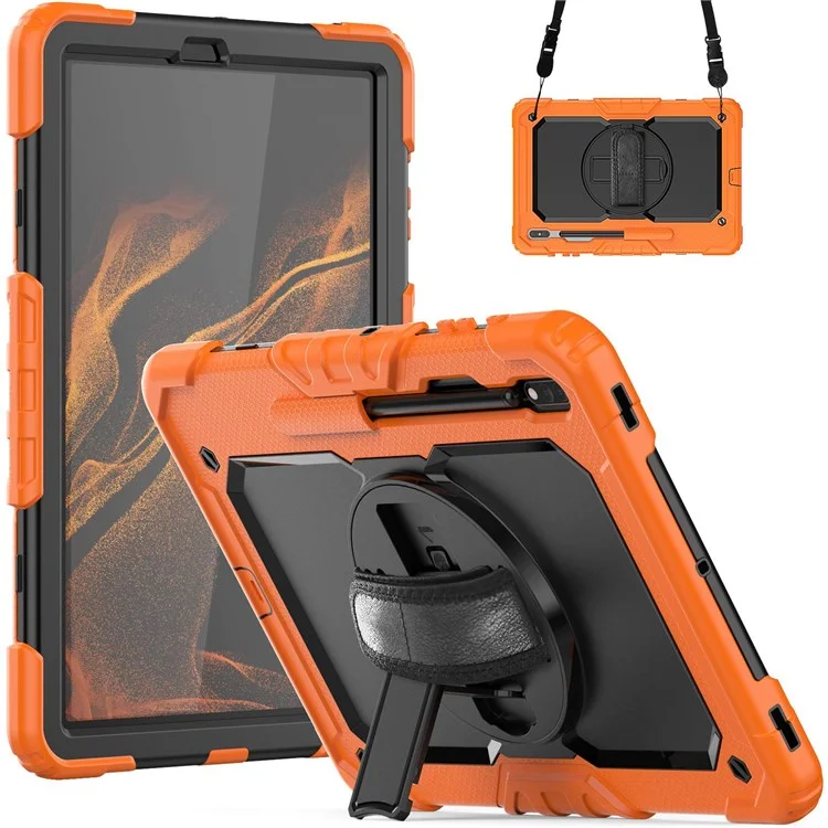 For Samsung Galaxy Tab S8+ Wi-Fi SM-X800/5G SM-X806B/SM-X806U/SM-X806N 12.4-inch (2022) Shoulder Strap Design PC + Silicone + PET Screen Protector Case with Kickstand - Black/Orange