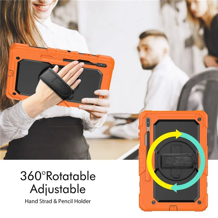 For Samsung Galaxy Tab S8+ Wi-Fi SM-X800/5G SM-X806B/SM-X806U/SM-X806N 12.4-inch (2022) Shoulder Strap Design PC + Silicone + PET Screen Protector Case with Kickstand - Black/Orange