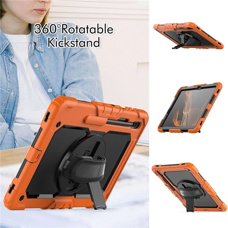 For Samsung Galaxy Tab S8+ Wi-Fi SM-X800/5G SM-X806B/SM-X806U/SM-X806N 12.4-inch (2022) Shoulder Strap Design PC + Silicone + PET Screen Protector Case with Kickstand - Black/Orange