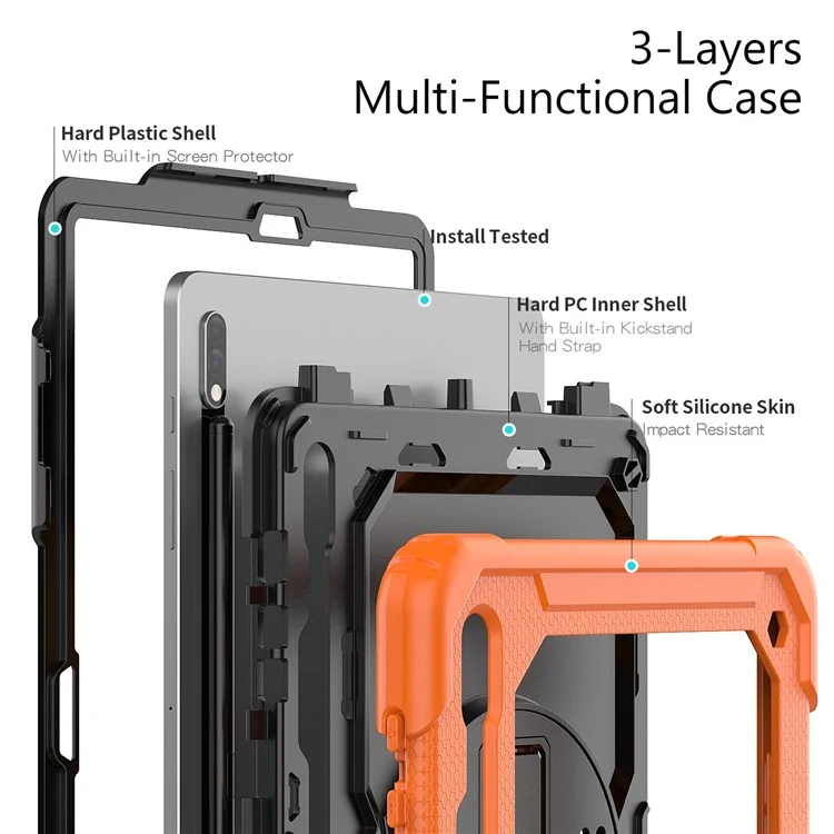 Para Samsung Galaxy Tab s8 + Wi-Fi SM-X800/5G SM-X806B/SM-X806U/SM-X806N 12,4 Polegadas (2022) Design de Sça de Ombro PC + Silicone + Pet Screen Protector Case With Kickstand - Preto/laranja