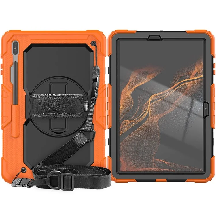 For Samsung Galaxy Tab S8+ Wi-Fi SM-X800/5G SM-X806B/SM-X806U/SM-X806N 12.4-inch (2022) Shoulder Strap Design PC + Silicone + PET Screen Protector Case with Kickstand - Black/Orange