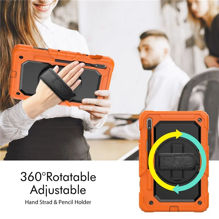 Para Samsung Galaxy Tab S8 de 11 pulgadas (2022) Wi-Fi SM-X700/S8 5G SM-X706 Protector de pantalla de PC + Silicona + PET a prueba de arañazos Funda para tableta Cubierta con soporte giratorio con correa para el hombro - Negro/Naranja