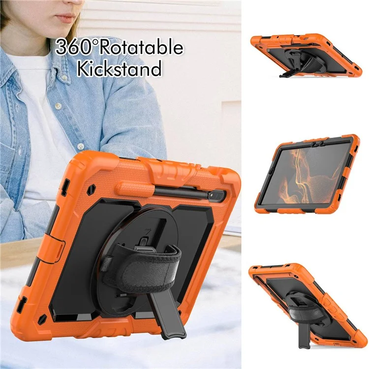 For Samsung Galaxy Tab S8 11-inch (2022) Wi-Fi SM-X700/S8 5G SM-X706 Anti-scratch PC + Silicone + PET Screen Protector Tablet Case Swivel Kickstand Cover with Shoulder Strap - Black/Orange