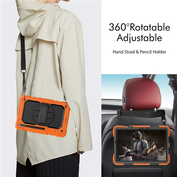 Para Samsung Galaxy Tab S8 de 11 pulgadas (2022) Wi-Fi SM-X700/S8 5G SM-X706 Protector de pantalla de PC + Silicona + PET a prueba de arañazos Funda para tableta Cubierta con soporte giratorio con correa para el hombro - Negro/Naranja