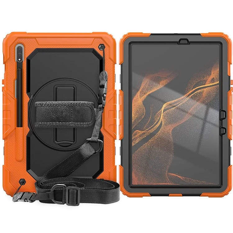 For Samsung Galaxy Tab S8 11-inch (2022) Wi-Fi SM-X700/S8 5G SM-X706 Anti-scratch PC + Silicone + PET Screen Protector Tablet Case Swivel Kickstand Cover with Shoulder Strap - Black/Orange