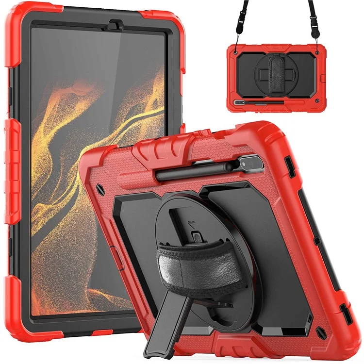 Para Samsung Galaxy Tab S8 De 11 Pulgadas (2022) Wi-Fi SM-X700/S8 5G SM-X706 PC Anti-Scratch + Silicona + Pet Screen Protector Tablet Case Giratriz De Patada Con Correa Para El Hombro - Negro/rojo