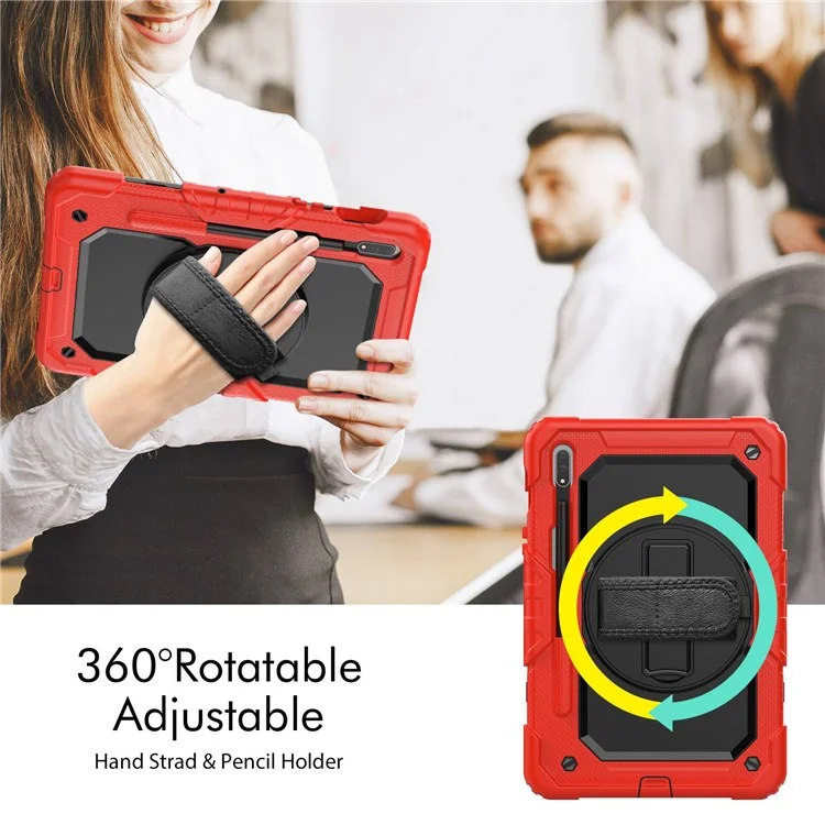 Para Samsung Galaxy Tab S8 De 11 Pulgadas (2022) Wi-Fi SM-X700/S8 5G SM-X706 PC Anti-Scratch + Silicona + Pet Screen Protector Tablet Case Giratriz De Patada Con Correa Para El Hombro - Negro/rojo