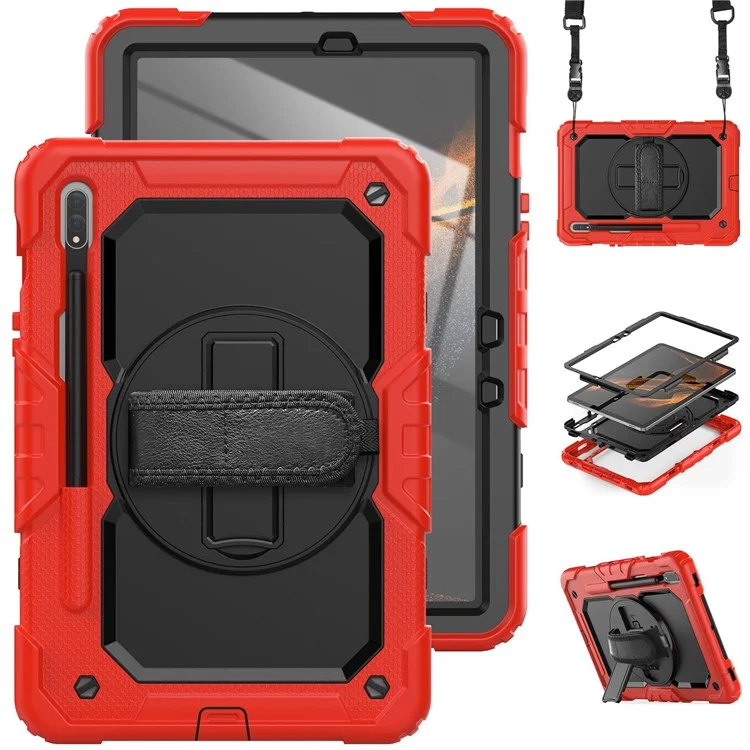 Para Samsung Galaxy Tab S8 De 11 Pulgadas (2022) Wi-Fi SM-X700/S8 5G SM-X706 PC Anti-Scratch + Silicona + Pet Screen Protector Tablet Case Giratriz De Patada Con Correa Para El Hombro - Negro/rojo