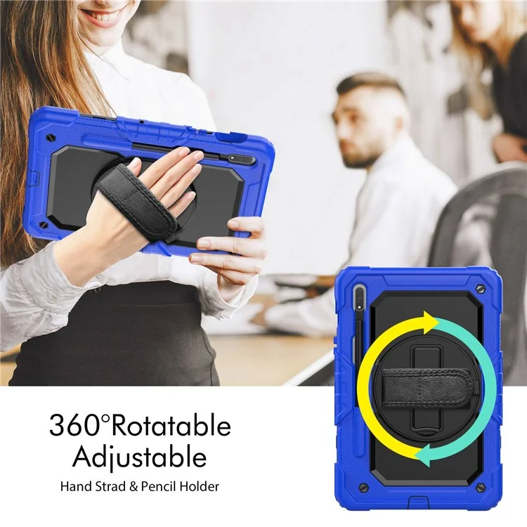 Para Samsung Galaxy Tab S8 11 polegadas (2022) Wi-Fi SM-X700/S8 5G SM-X706 Protetor de tela anti-arranhões PC + Silicone + PET Capa de tablet com suporte giratório com alça de ombro - Preta/Azul