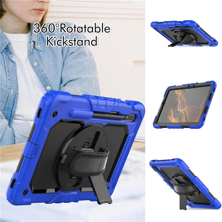 Para Samsung Galaxy Tab S8 11 polegadas (2022) Wi-Fi SM-X700/S8 5G SM-X706 Protetor de tela anti-arranhões PC + Silicone + PET Capa de tablet com suporte giratório com alça de ombro - Preta/Azul