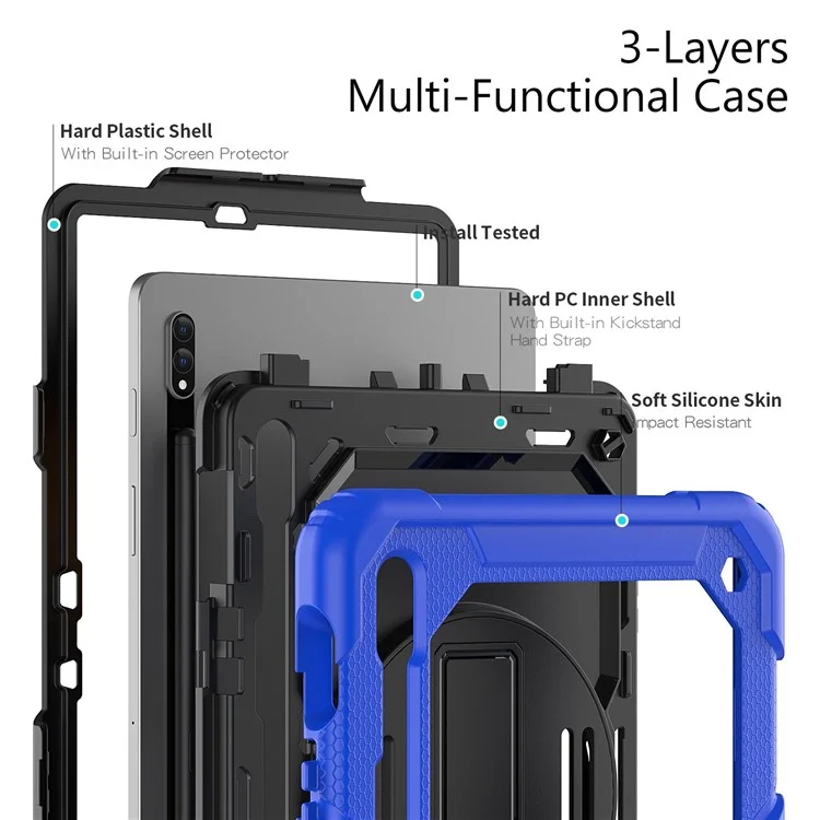 Para Samsung Galaxy Tab S8 11 polegadas (2022) Wi-Fi SM-X700/S8 5G SM-X706 Protetor de tela anti-arranhões PC + Silicone + PET Capa de tablet com suporte giratório com alça de ombro - Preta/Azul