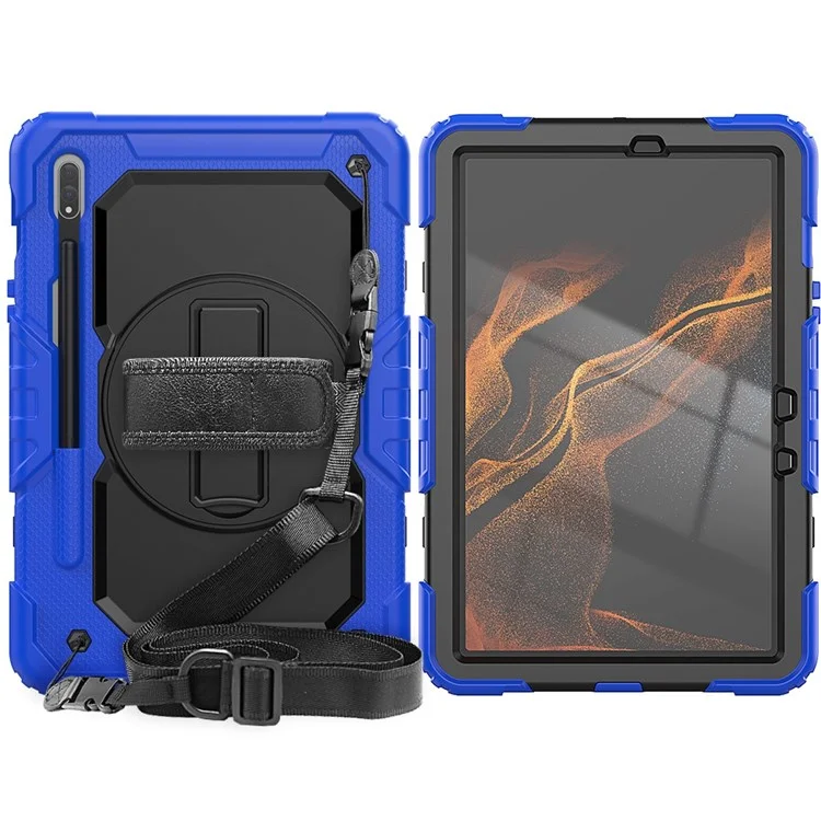 Para Samsung Galaxy Tab S8 11 polegadas (2022) Wi-Fi SM-X700/S8 5G SM-X706 Protetor de tela anti-arranhões PC + Silicone + PET Capa de tablet com suporte giratório com alça de ombro - Preta/Azul