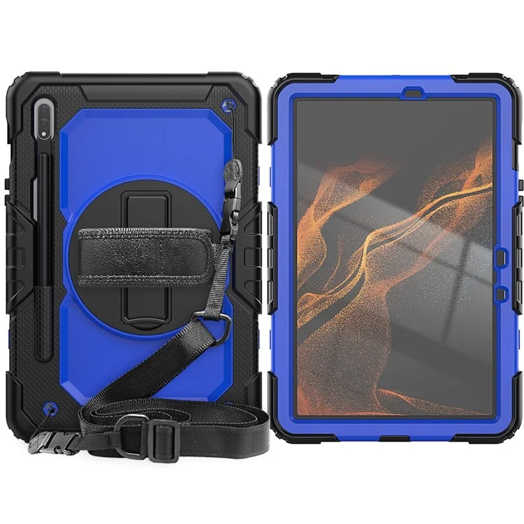Para Samsung Galaxy Tab S8 11-pulgadas (2022) Wi-Fi SM-X700/S8 5G SM-X706 Protector de pantalla antirrayas PC + Silicona + PET Funda para tablet Cubierta con soporte giratorio con correa para el hombro - Azul/Negro