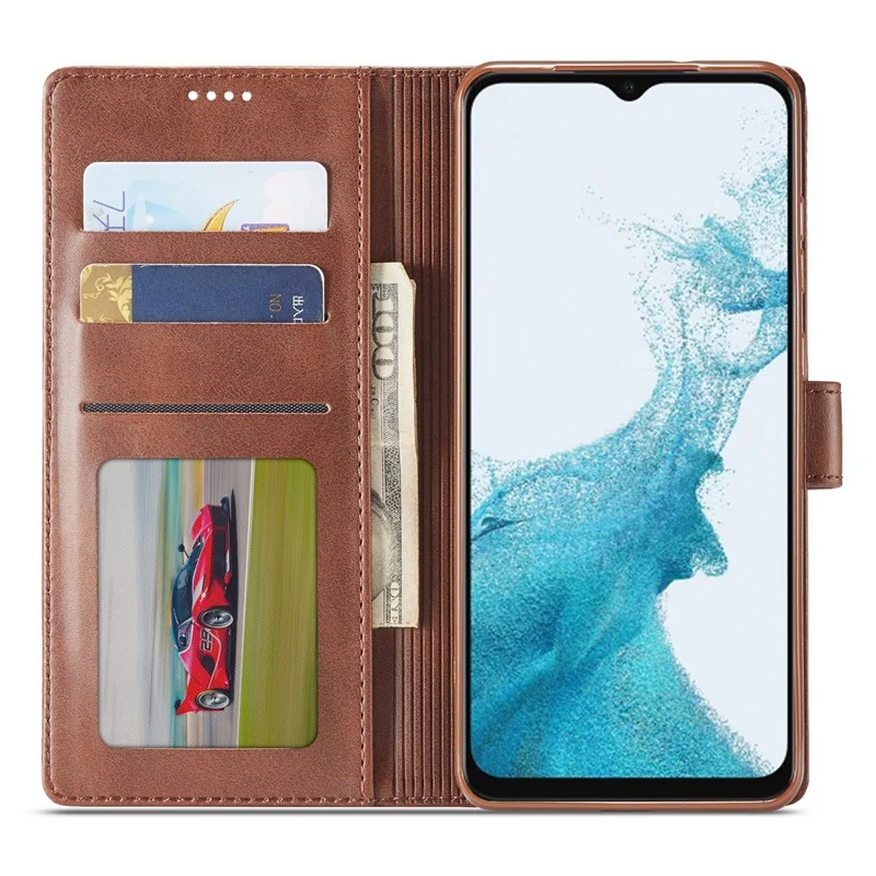 LC.IMEEKE for Samsung Galaxy A23 4G / 5G (Global Version) / M23 5G / F23 5G Shockproof Textured PU Leather Flip Folio Stand Wallet Case Mobile Phone Case Cover - Light Brown