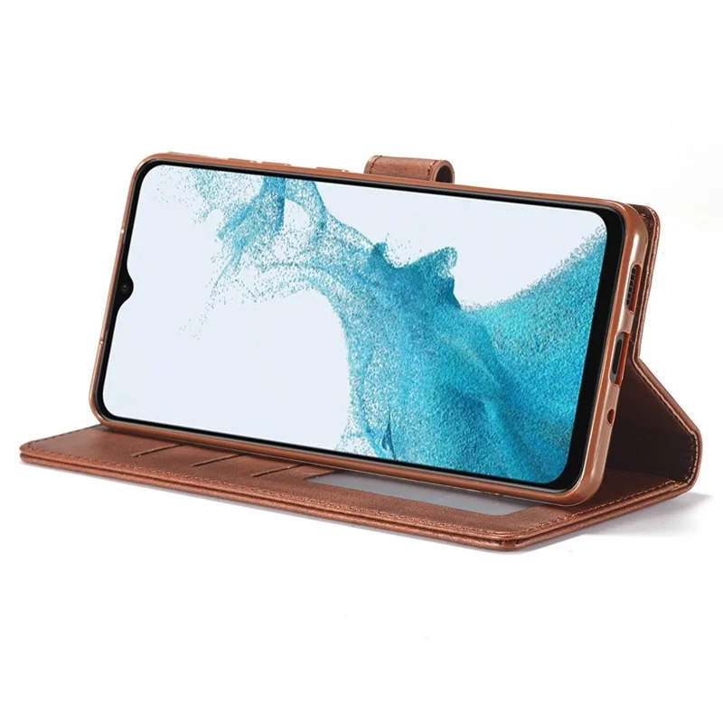 LC.IMEEKE for Samsung Galaxy A23 4G / 5G (Global Version) / M23 5G / F23 5G Shockproof Textured PU Leather Flip Folio Stand Wallet Case Mobile Phone Case Cover - Light Brown