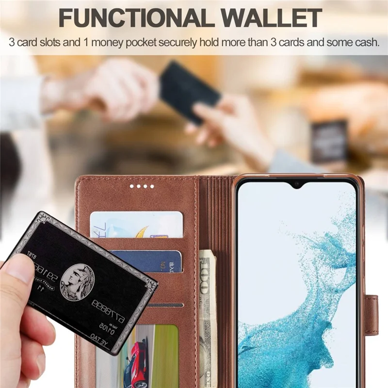 LC.IMEEKE for Samsung Galaxy A23 4G / 5G (Global Version) / M23 5G / F23 5G Shockproof Textured PU Leather Flip Folio Stand Wallet Case Mobile Phone Case Cover - Light Brown