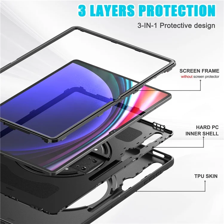 For Samsung Galaxy Tab S8 Ultra X900 / X906 / S9 Ultra 360-Degree Rotary Kickstand PC + TPU Tablet Case with Hand Strap