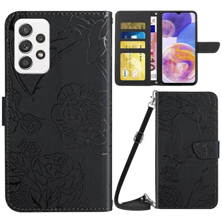 For Samsung Galaxy A23 5G (Global Version) / 4G Skin-touch Feel PU Leather Case, Butterfly and Flower Imprinting Pattern Supporting Stand Wallet Phone Cover with Shoulder Strap - Black