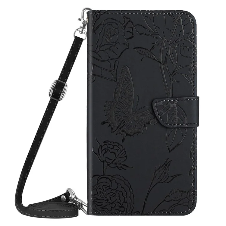 For Samsung Galaxy A23 5G (Global Version) / 4G Skin-touch Feel PU Leather Case, Butterfly and Flower Imprinting Pattern Supporting Stand Wallet Phone Cover with Shoulder Strap - Black