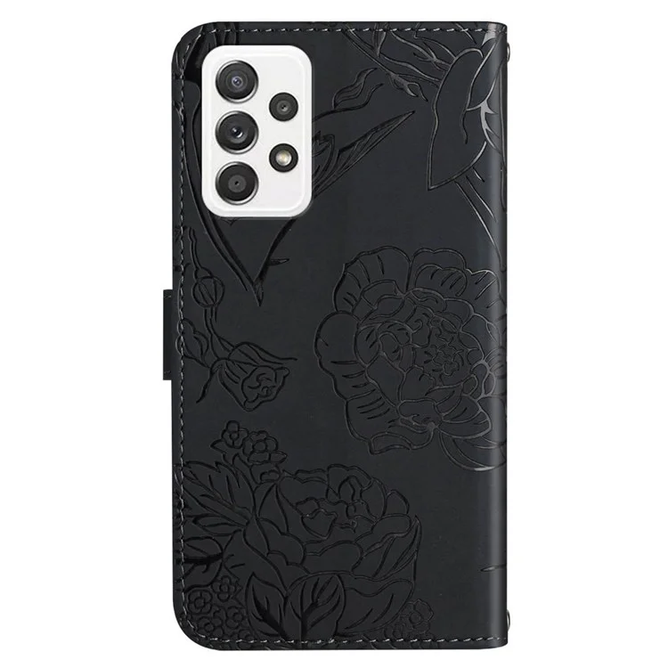 For Samsung Galaxy A23 5G (Global Version) / 4G Skin-touch Feel PU Leather Case, Butterfly and Flower Imprinting Pattern Supporting Stand Wallet Phone Cover with Shoulder Strap - Black
