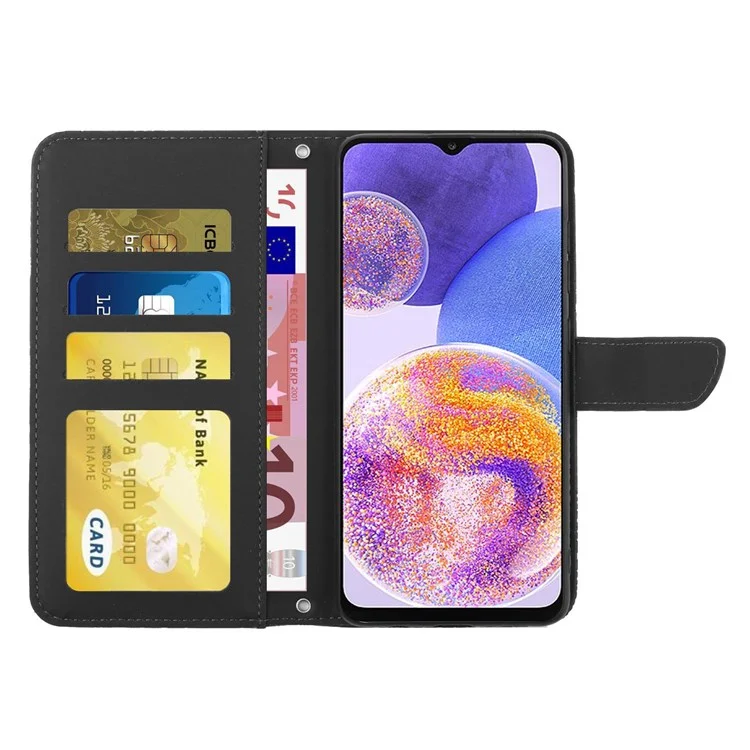 For Samsung Galaxy A23 5G (Global Version) / 4G Skin-touch Feel PU Leather Case, Butterfly and Flower Imprinting Pattern Supporting Stand Wallet Phone Cover with Shoulder Strap - Black