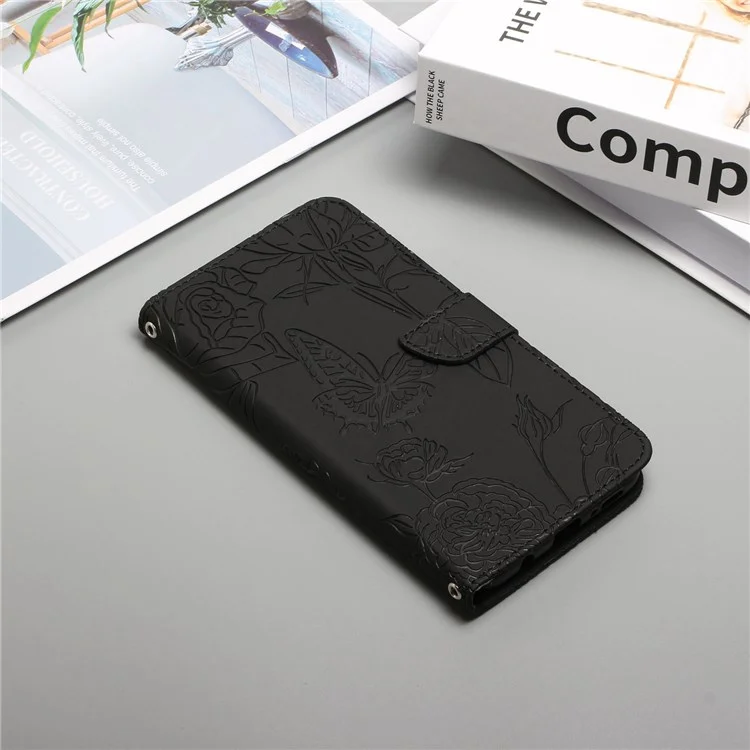 For Samsung Galaxy A23 5G (Global Version) / 4G Skin-touch Feel PU Leather Case, Butterfly and Flower Imprinting Pattern Supporting Stand Wallet Phone Cover with Shoulder Strap - Black