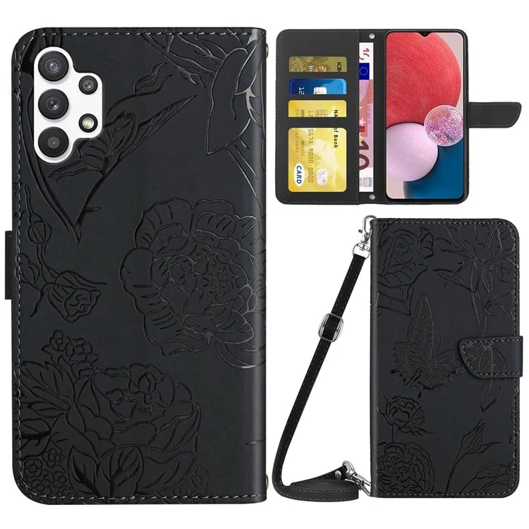For Samsung Galaxy A13 4G Full Protection Smartphone Case, Skin-touch Feel PU Leather Butterfly and Flower Imprinting Pattern Supporting Stand Wallet Phone Cover with Shoulder Strap - Black