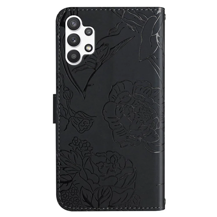 For Samsung Galaxy A13 4G Full Protection Smartphone Case, Skin-touch Feel PU Leather Butterfly and Flower Imprinting Pattern Supporting Stand Wallet Phone Cover with Shoulder Strap - Black