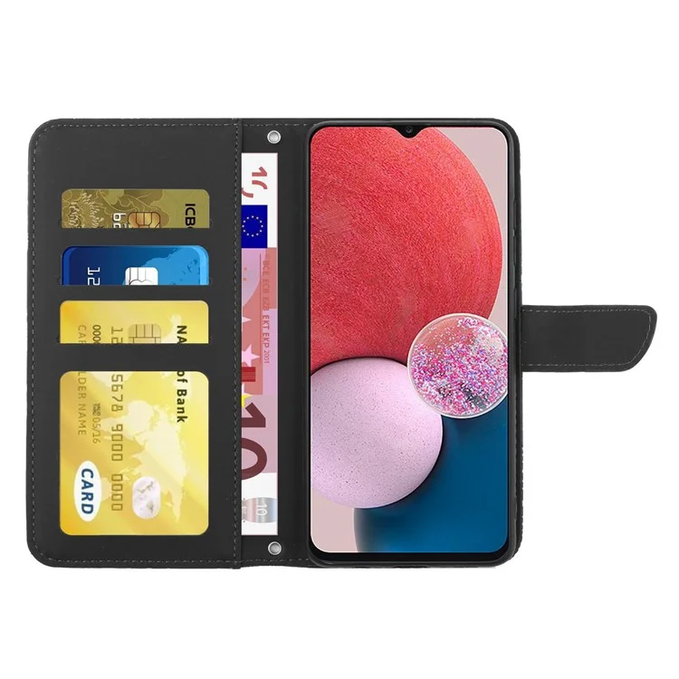 For Samsung Galaxy A13 4G Full Protection Smartphone Case, Skin-touch Feel PU Leather Butterfly and Flower Imprinting Pattern Supporting Stand Wallet Phone Cover with Shoulder Strap - Black
