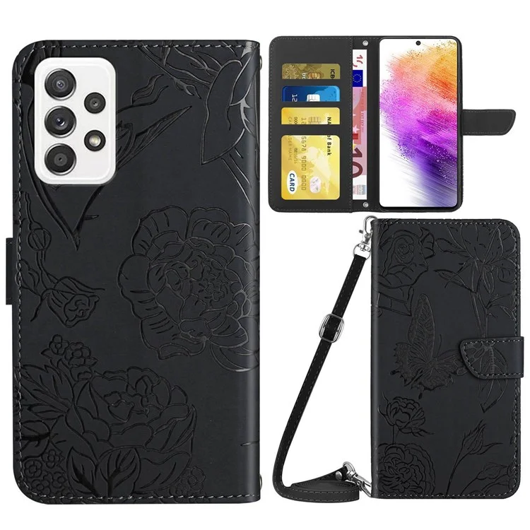 Para Samsung Galaxy A73 5G Case de Teléfonos Inteligentes Bien Protegidos, Skin-touch Feel PU Leather Butterfly y Flower Impresión Patrón de Soporte Tapa Del Teléfono Con Correa Para el Hombro - Negro