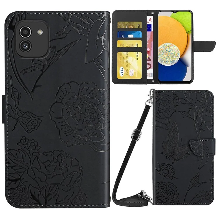 Per Samsung Galaxy A03 (164.2 X 75,9 X 9.1mm) Caso Per Smartphone Resistente Alla Caduta, Farfalla In Pelle PU E Fiori Di Imprintazione Del Modello Di Imprintazione Del Supporto Del Supporto Del Supporto Del Supporto Con La Tracolla - Nero
