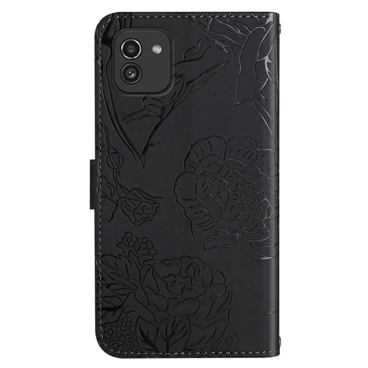 Per Samsung Galaxy A03 (164.2 X 75,9 X 9.1mm) Caso Per Smartphone Resistente Alla Caduta, Farfalla In Pelle PU E Fiori Di Imprintazione Del Modello Di Imprintazione Del Supporto Del Supporto Del Supporto Del Supporto Con La Tracolla - Nero
