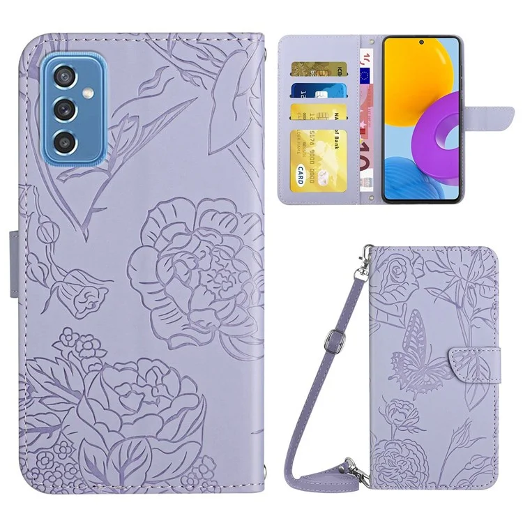 For Samsung Galaxy M52 5G Smartphone Case, Skin-touch Feel PU Leather Butterfly and Flower Imprinting Pattern Supporting Stand Wallet Phone Cover with Shoulder Strap - Light Purple