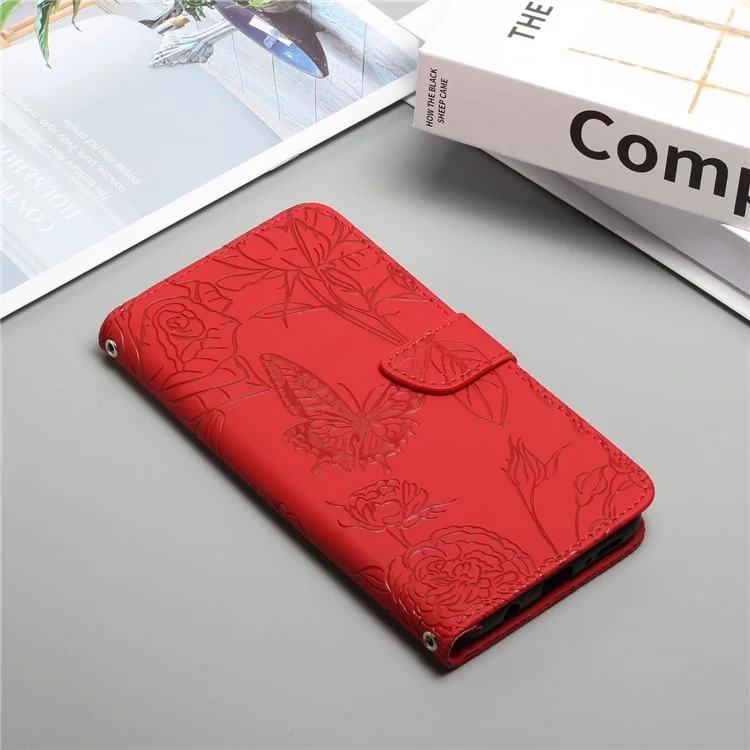 For Samsung Galaxy A32 5G/M32 5G Skin-touch Feeling Leather Phone Bag Case, Stand Butterfly Flowers Imprinting Pattern Wallet Cover with Shoulder Strap - Red