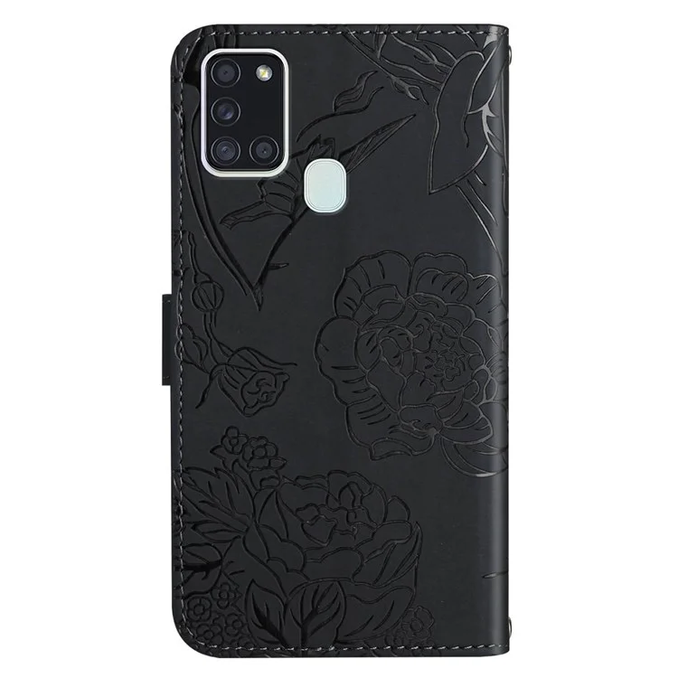 Étui de Téléphone en Cuir pu en Cuir PU Pour Samsung Galaxy A21s (version de L'ue), Motif de Papillons Floraux Impression de Conception de Conception Hands Stand Portefeuille Avec Bandoulière - le Noir