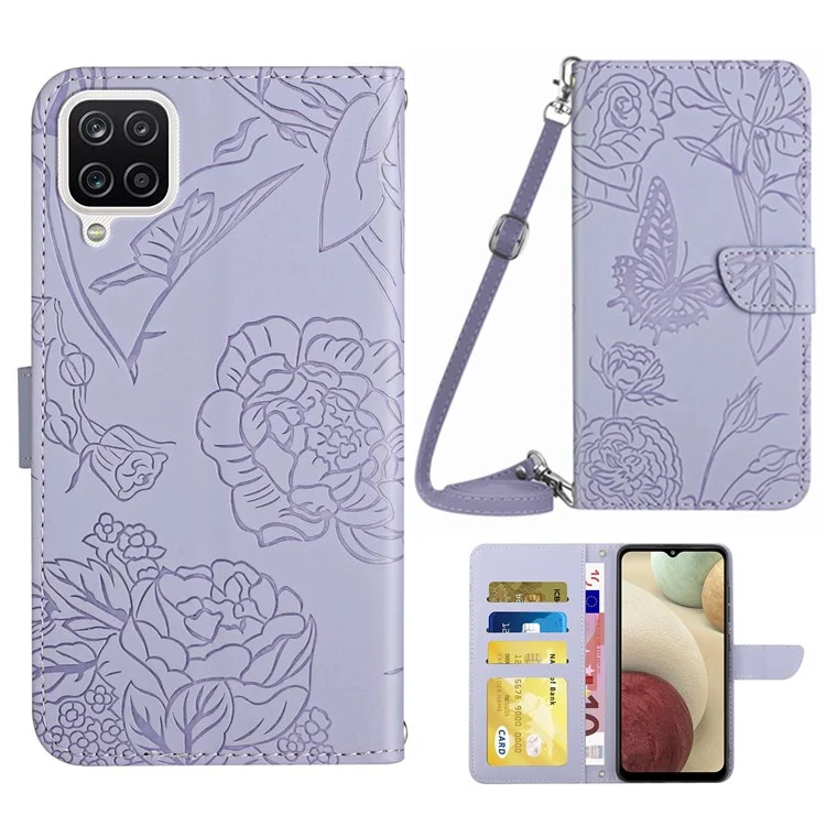 Für Samsung Galaxy A12/M12/F12 Hauttouch Feel PU Leder Mobiltelefon Hülle Beutel Butterflächen Blumenmuster Ständer Brieftasche Mit Schultergurt - Helles Lila