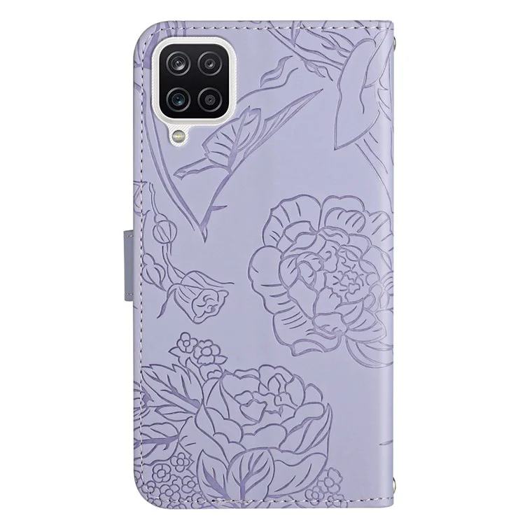 Für Samsung Galaxy A12/M12/F12 Hauttouch Feel PU Leder Mobiltelefon Hülle Beutel Butterflächen Blumenmuster Ständer Brieftasche Mit Schultergurt - Helles Lila
