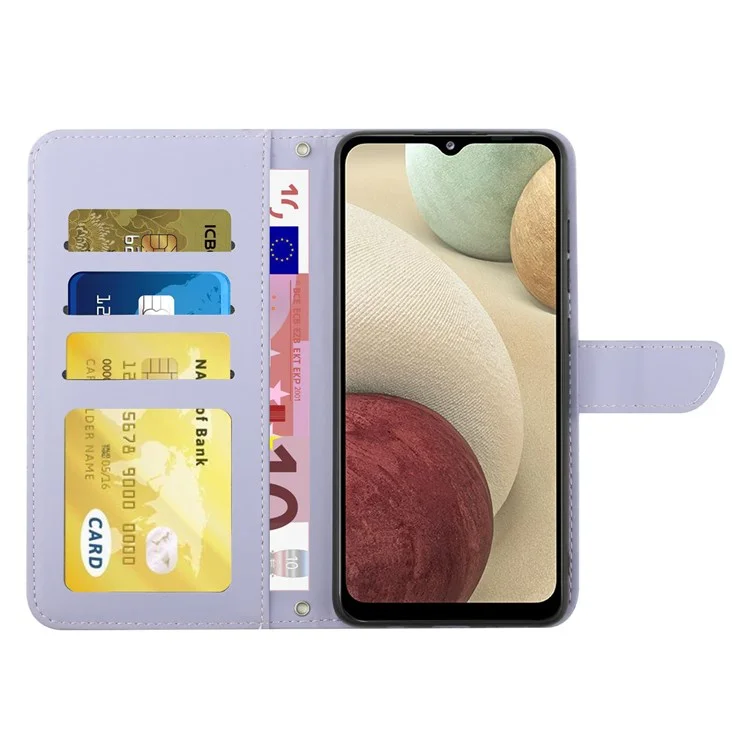 Für Samsung Galaxy A12/M12/F12 Hauttouch Feel PU Leder Mobiltelefon Hülle Beutel Butterflächen Blumenmuster Ständer Brieftasche Mit Schultergurt - Helles Lila