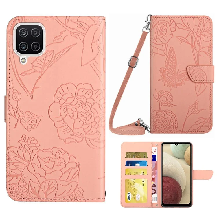 Pour Samsung Galaxy A12 / M12 / F12 Skin-touch Feeling pu Leather Phone Phone Bag Sac Impression de Papillons de Fleur Couvercle Portefeuille Avec Bandoulière Avec Bandoulière - Rose