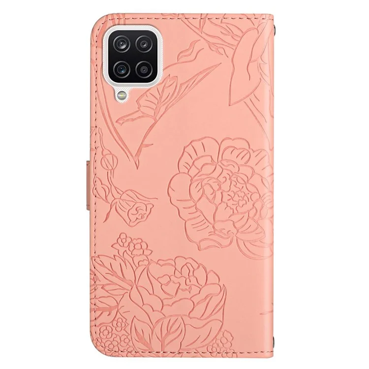 Pour Samsung Galaxy A12 / M12 / F12 Skin-touch Feeling pu Leather Phone Phone Bag Sac Impression de Papillons de Fleur Couvercle Portefeuille Avec Bandoulière Avec Bandoulière - Rose
